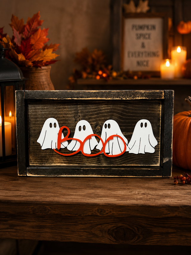 Handcrafted Rustic “BOO” Ghost Halloween Sign