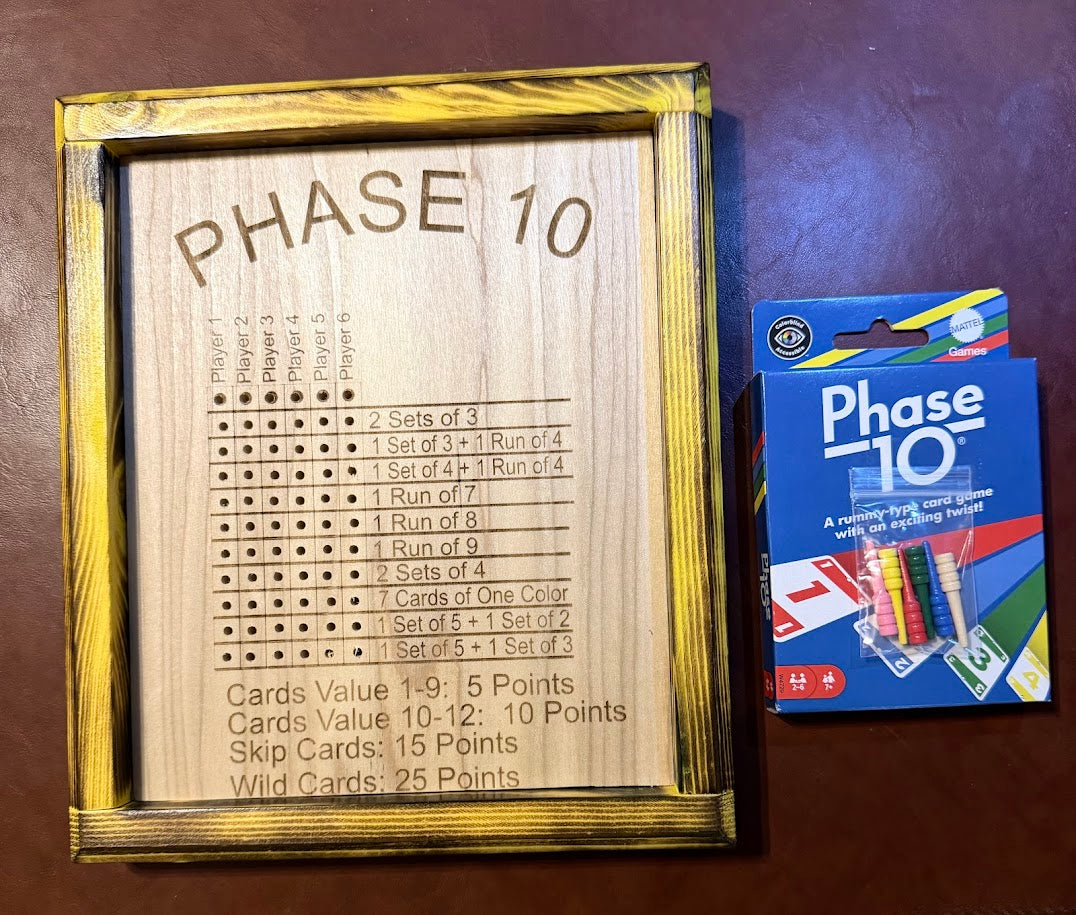 Phase 10 Score Board with cards and pegs