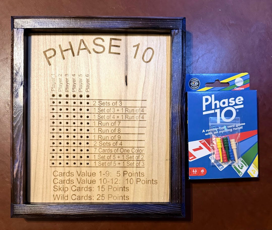Phase 10 Score Board with cards and pegs