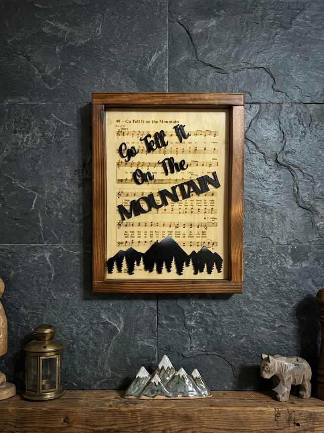 Handcrafted Wooden Go Tell It on the Mountain Hymn Wall Art with Cross